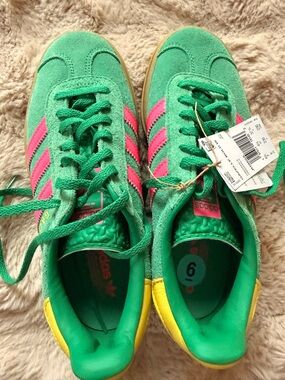 adidas Green Suede Sneakers with Pink Stripes and Yellow Heel